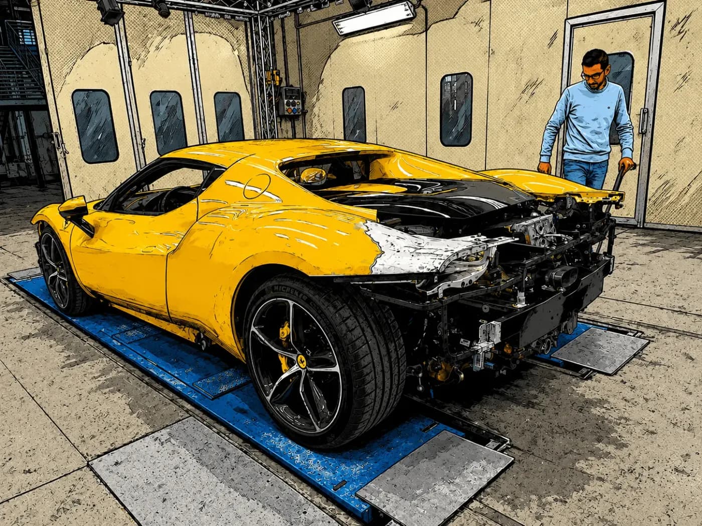 Ferrari 296 en cours d'expertise en atelier